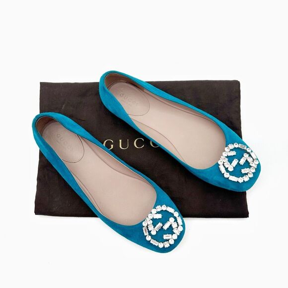 GUCCI Interlocking Crystal GG Ballet Flat Size 37 US 7 Teal Blue Suede - Picture 2 of 13